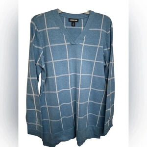 Lands End blue with white window pane pattern pullover vneck sweater